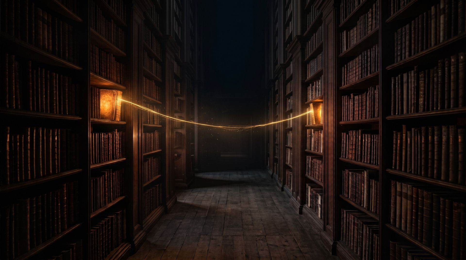 A dark library corridor at night; a golden thread of light arcs between two glowing books on opposite shelves.